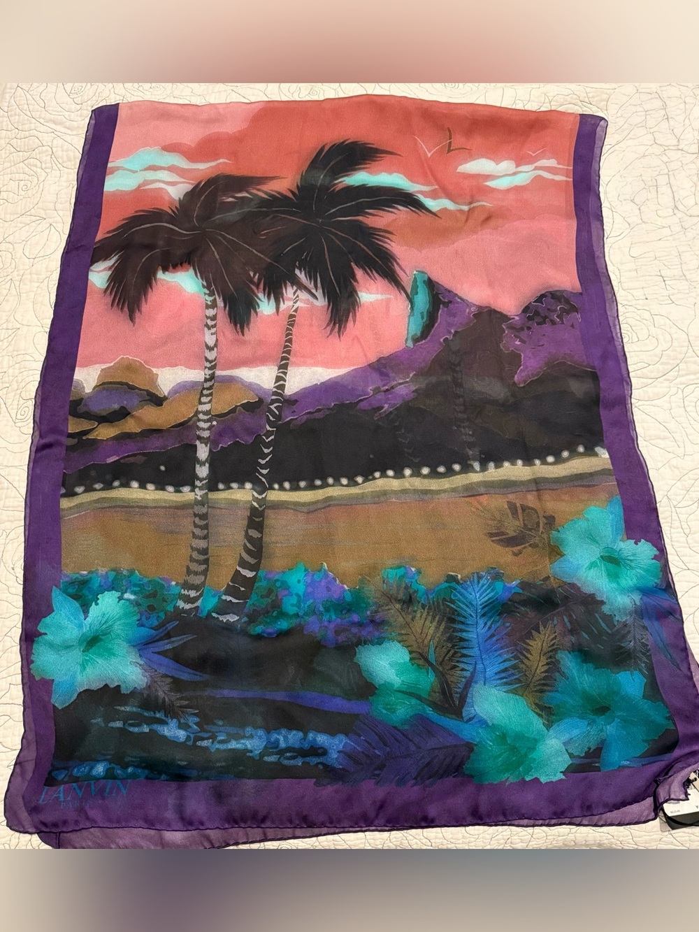NWT Lanvin 100% Silk Rio Rectangular Palm Tree Tropical Purple Multicolor Scarf